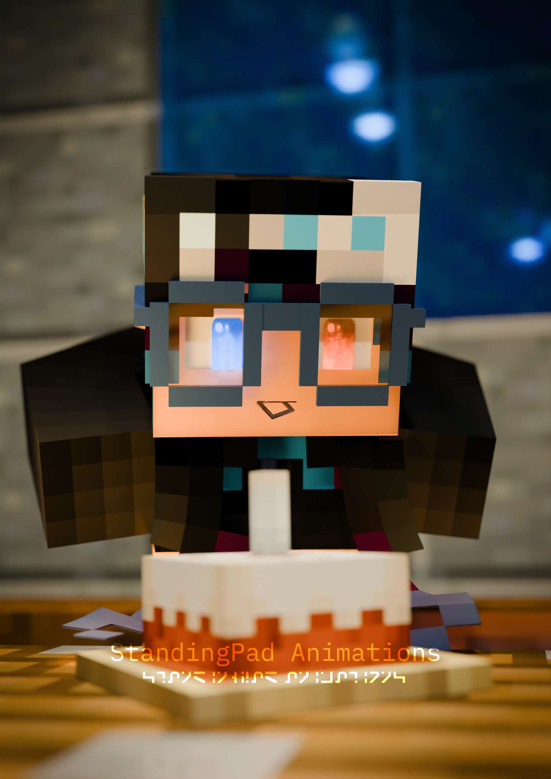 Render of Kaiyona being handed a cake. She's tying her hair (while holding her hairband with her mouth) blushing