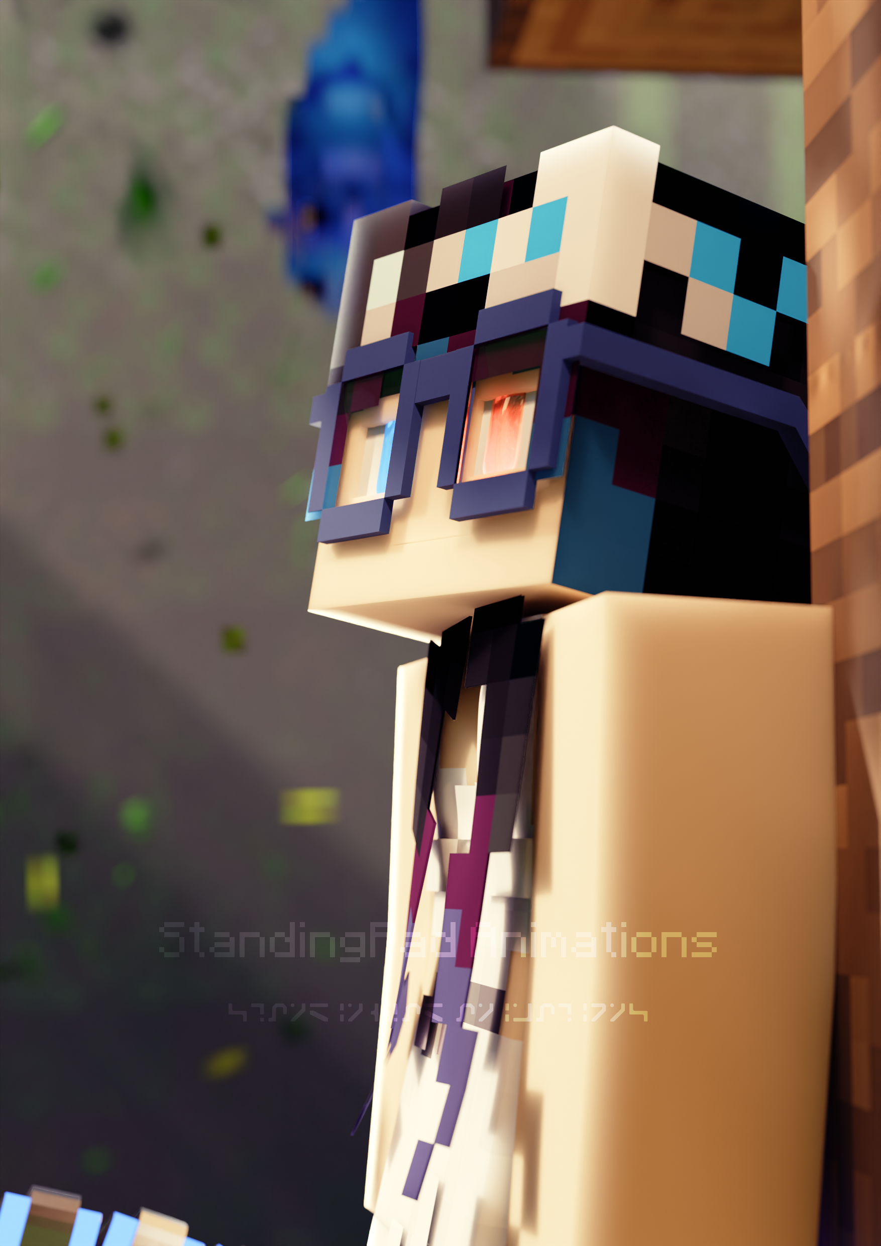 Kaiyona in a white dress leaning on a tree looking tired while Blobby falls down said tree (old version)